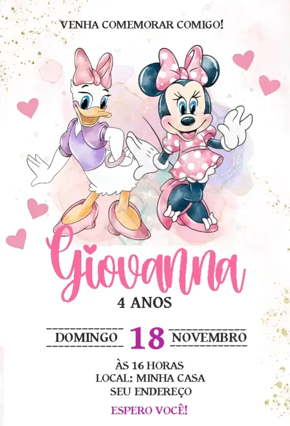 Convite Minnie e Margarda Aquarela – tema Cartão aquarela, infantil, cores suaves, temática de personagens, festivo, colorido