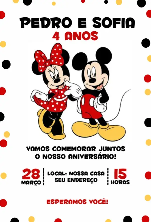 Convite Minnie e Mickey 2 – tema Aniversário colorido, lúdico, temático, divertido, infantil