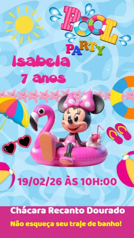 Convite Minnie Festa na Piscina – tema Aniversário Infantil colorido, divertido, temático, aqua, infantil