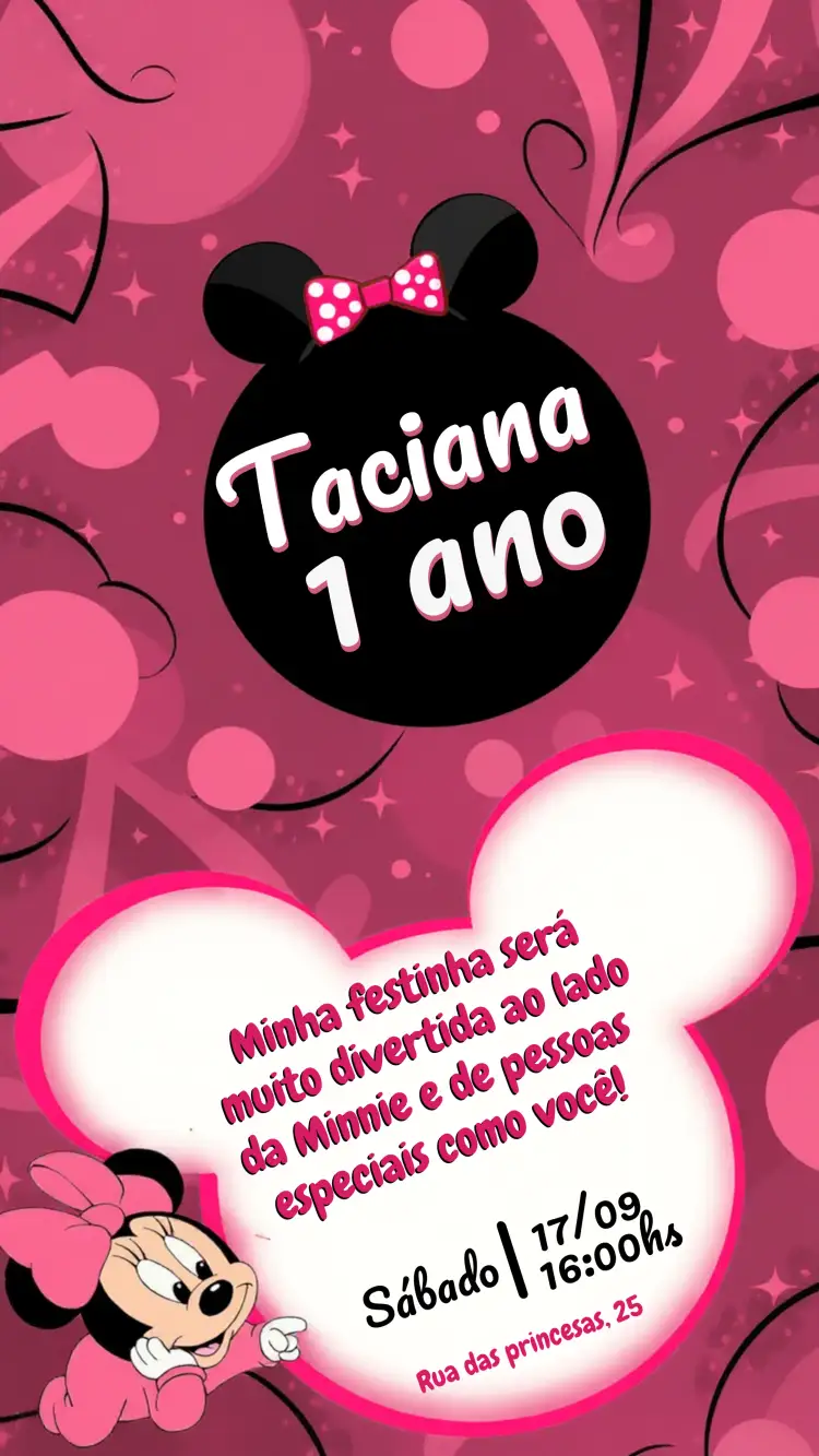 Convite Minnie Mouse 1 – tema Datas Comemorativas rosa e preto, divertido, infantil, temática Minnie, colorido, celebração