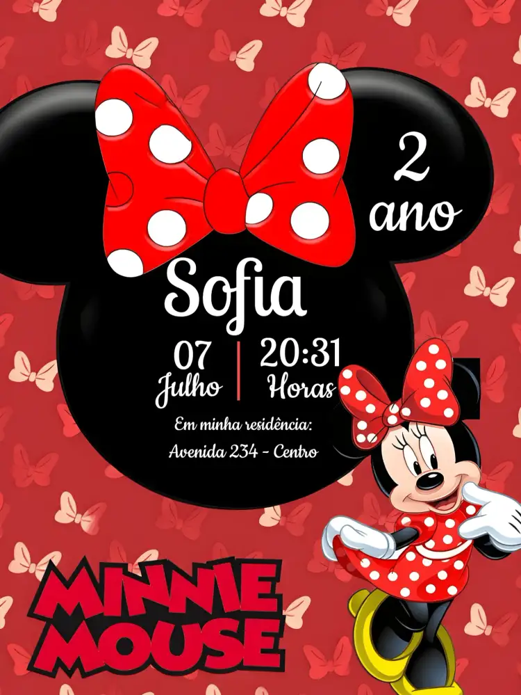 Convite Minnie Mouse 1 – tema Datas Comemorativas vermelho, preto, poá, infantil, temática Disney, divertido