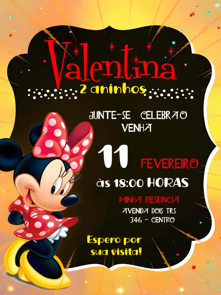 Convite Minnie Mouse – tema Mais pesquisados colorido, divertido, infantil, temático, mágico