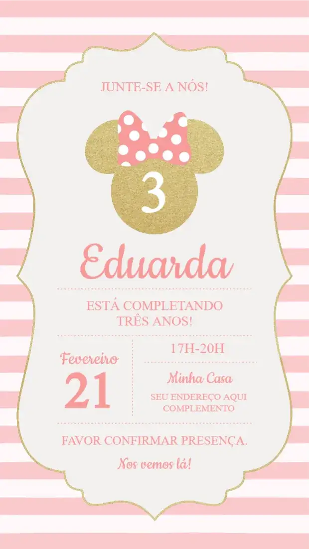 Convite Minnie Mouse – tema Aniversário Infantil rosa, divertido, lúdico, colorido, Disney