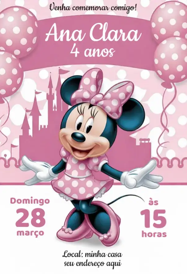 Convite Minnie Mouse 4 – tema Aniversário rosa, divertido, lúdico, colorido, temático