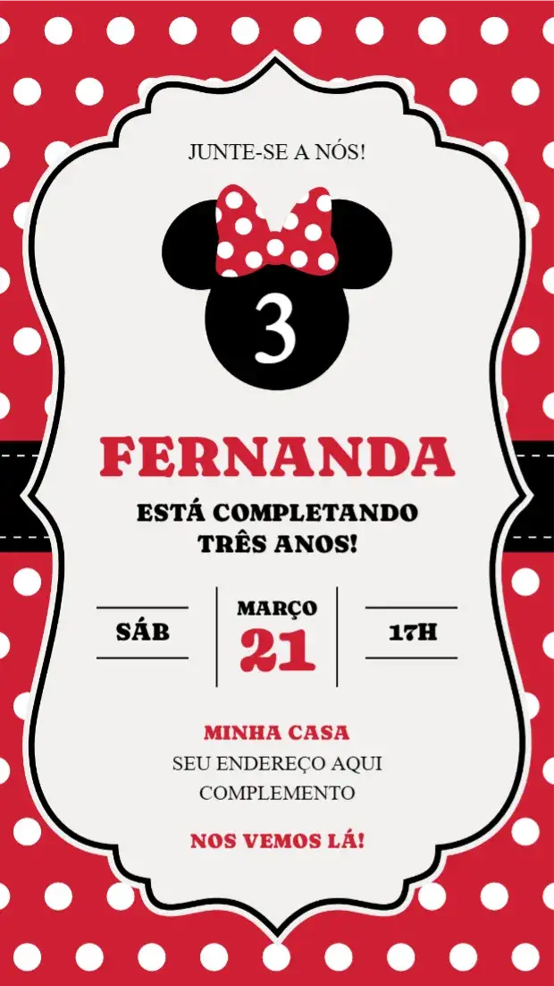 Convite Minnie Mouse – tema Aniversário Infantil vermelho, rosa, Disney, divertido, infantil, festa temática