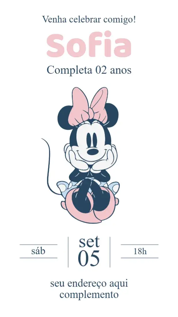 Convite Minnie Mouse – tema Aniversário Infantil rosa, vintage, Disney, clássico, divertido