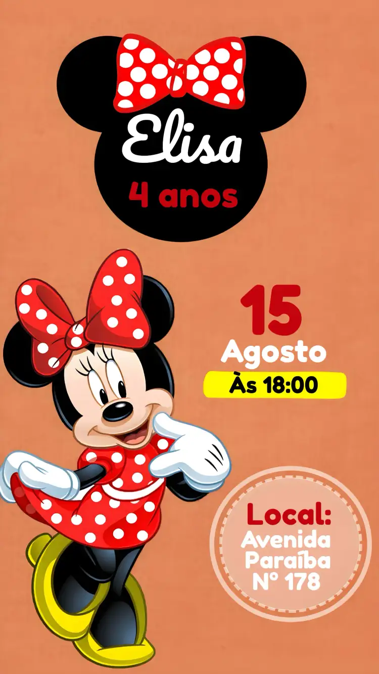Convite Minnie Mouse Amarelo – tema Mais pesquisados colorido, divertido, infantil, temática, moderno, lúdico