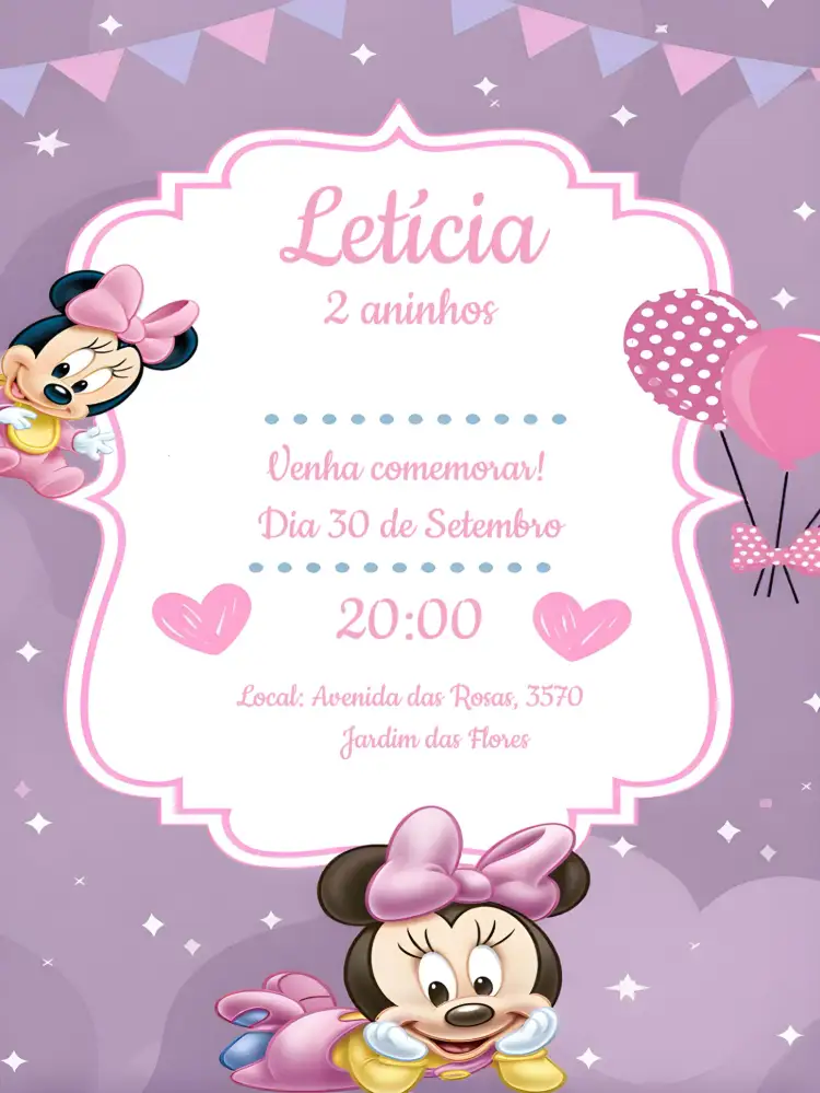 Convite Minnie Mouse Baby Menina – tema Mais pesquisados cores suaves, estilo infantil, elementos gráficos da Minnie, design alegre, tema de festa, toques delicados