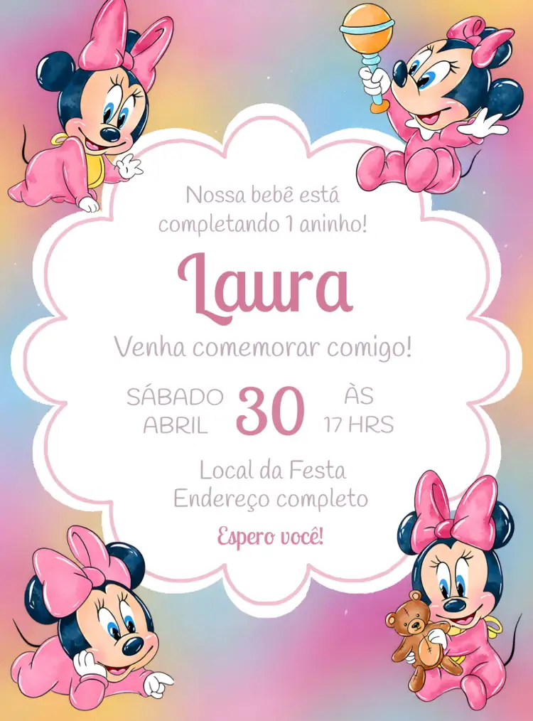 Convite Minnie Mouse Baby Rosa – tema Mais pesquisados aquarela, rosa, divertido, infantil, Disney, temático