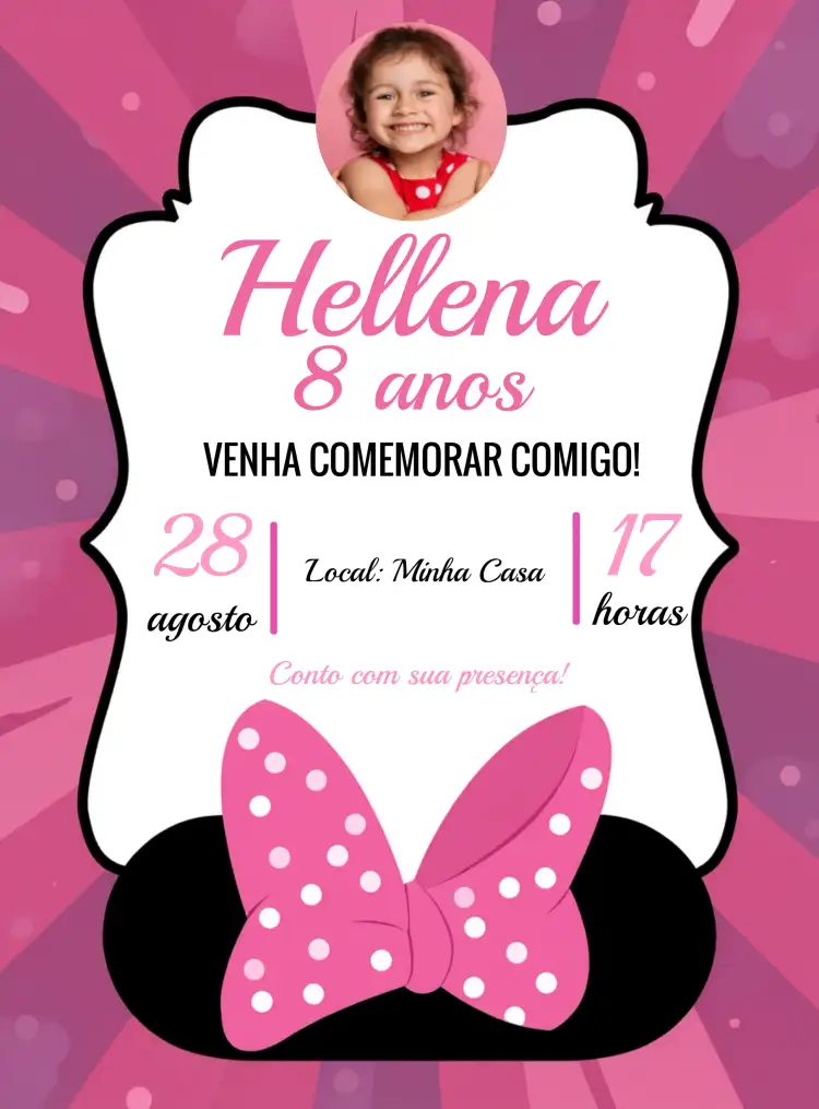 Convite Minnie Mouse Branco – tema Mais pesquisados cores pastel, estilo lúdico, elementos gráficos da Disney, design divertido, temática de personagens, toques modernos