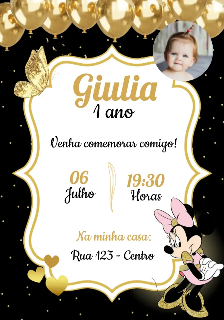 Convite Minnie Mouse Com Foto 1 – tema Datas Comemorativas vermelho, preto, poá, luxo, delicado, festa infantil