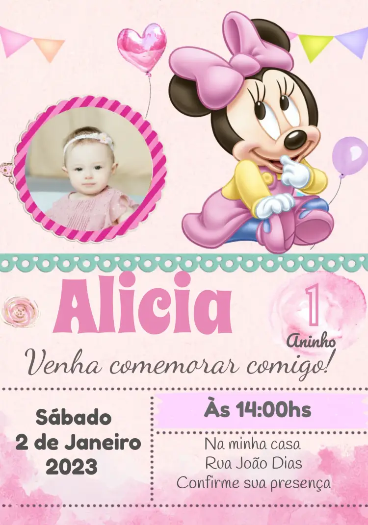Convite Minnie Mouse Com Foto Aninho