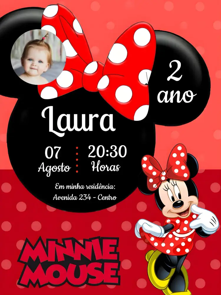 Convite Minnie Mouse Com Foto Ano – tema Datas Comemorativas vermelho e preto, poá, infantil, Disney, divertido, temático