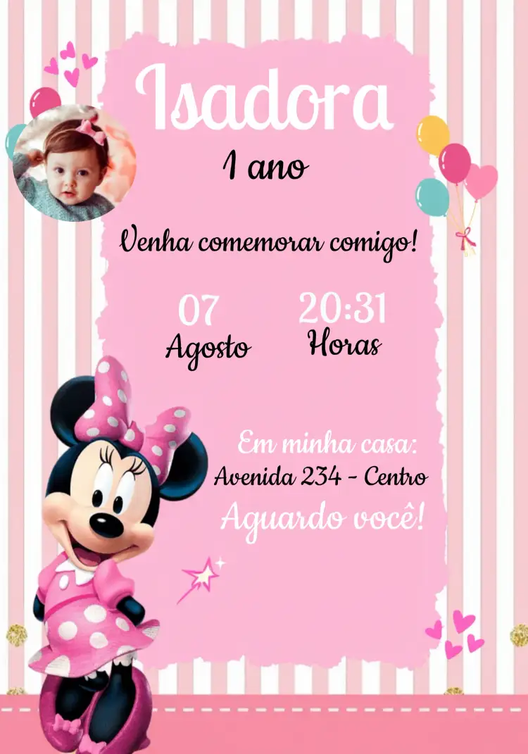 Convite Minnie Mouse Com Foto Disney – tema Datas Comemorativas Disney, infantil, colorido, divertido, temático