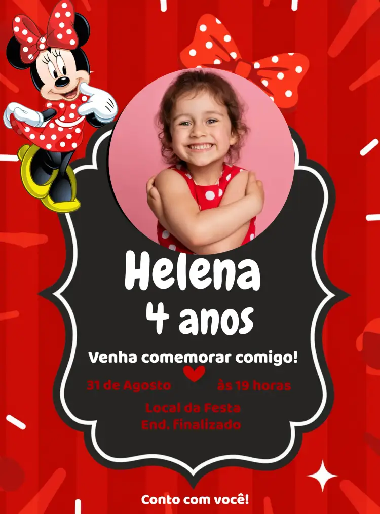 Convite Minnie Mouse Com Foto Laço – tema Mais pesquisados vermelho, divertido, colorido, temático, infantil