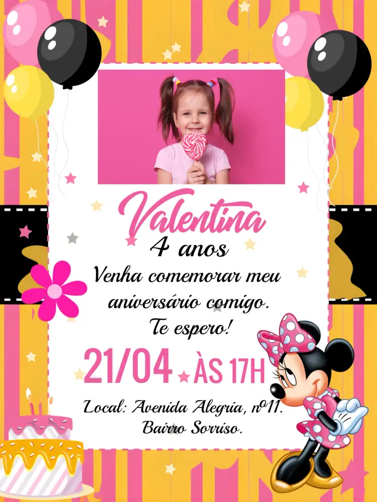 Convite Minnie Mouse Com Foto Minie