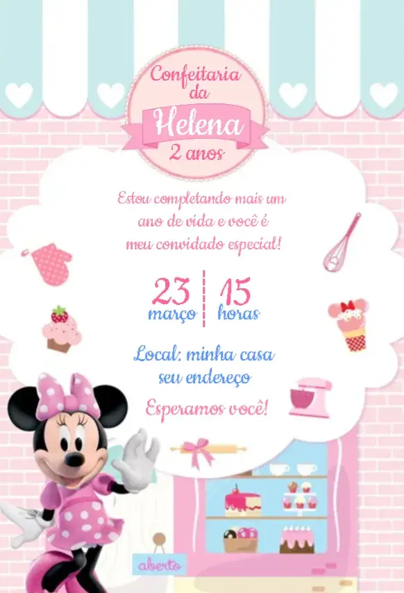 Convite Minnie Mouse Confeitaria Rosa e Azul
