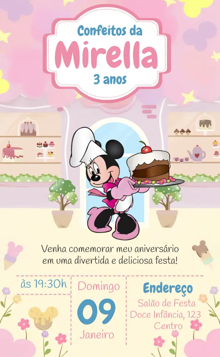 Convite Minnie Mouse Confeiteira Bolo – tema Mais pesquisados rosa, confeitaria, divertido, infantil, doce, Disney