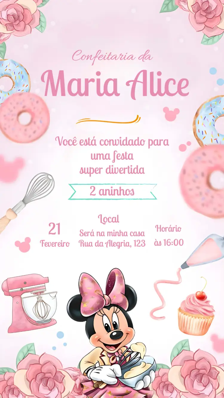Convite Minnie Mouse Confeiteira Disney – tema Mais pesquisados delicado, rosa, confeitaria, Disney, infantil, colorido