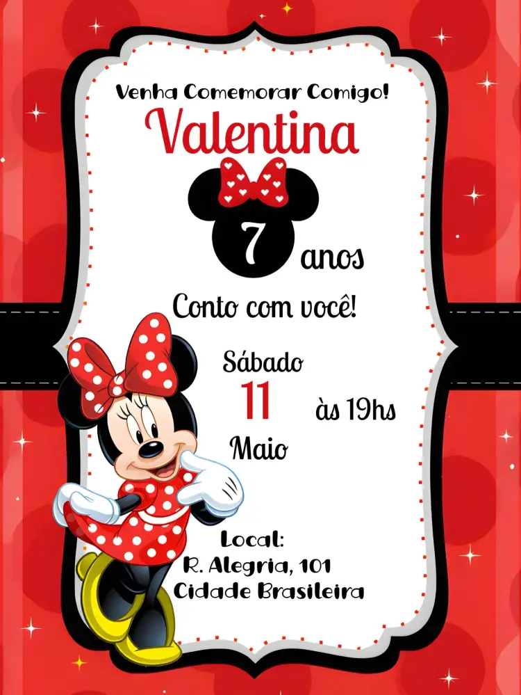 Convite Minnie Mouse Coração – tema Mais pesquisados vermelho, preto, divertido, infantil, tema Disney, coração