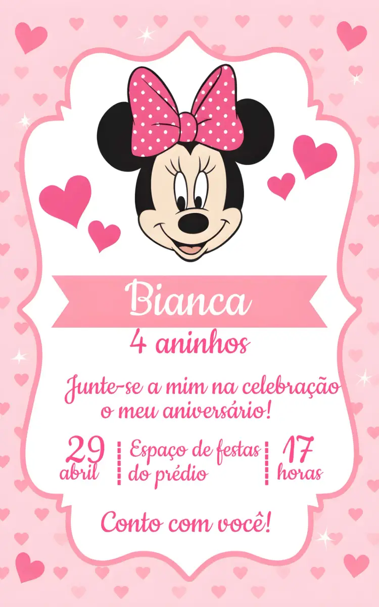 Convite Minnie Mouse Corações