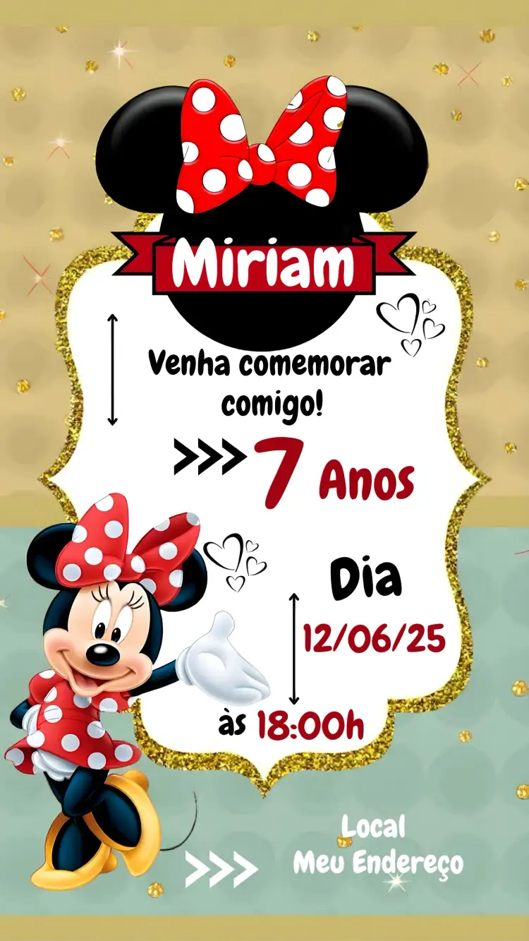 Convite Minnie Mouse Disney – tema Mais pesquisados vermelho, dourado, Disney, infantil, divertido, temático