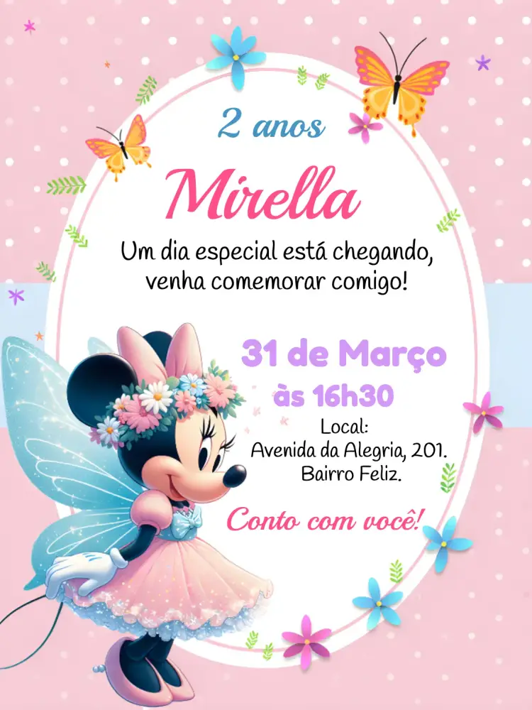 Convite Minnie Mouse Fada Borboleta