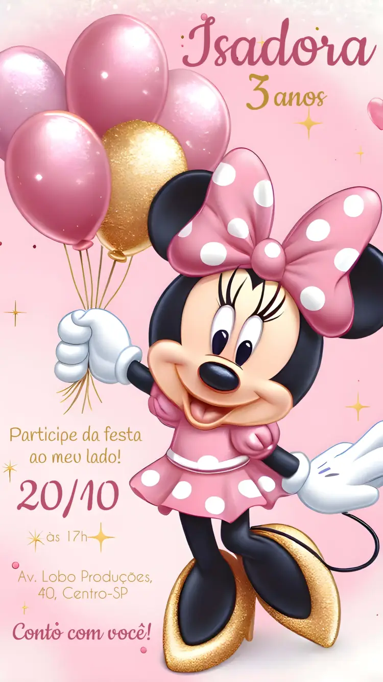 Convite Minnie Mouse Glitter Disney