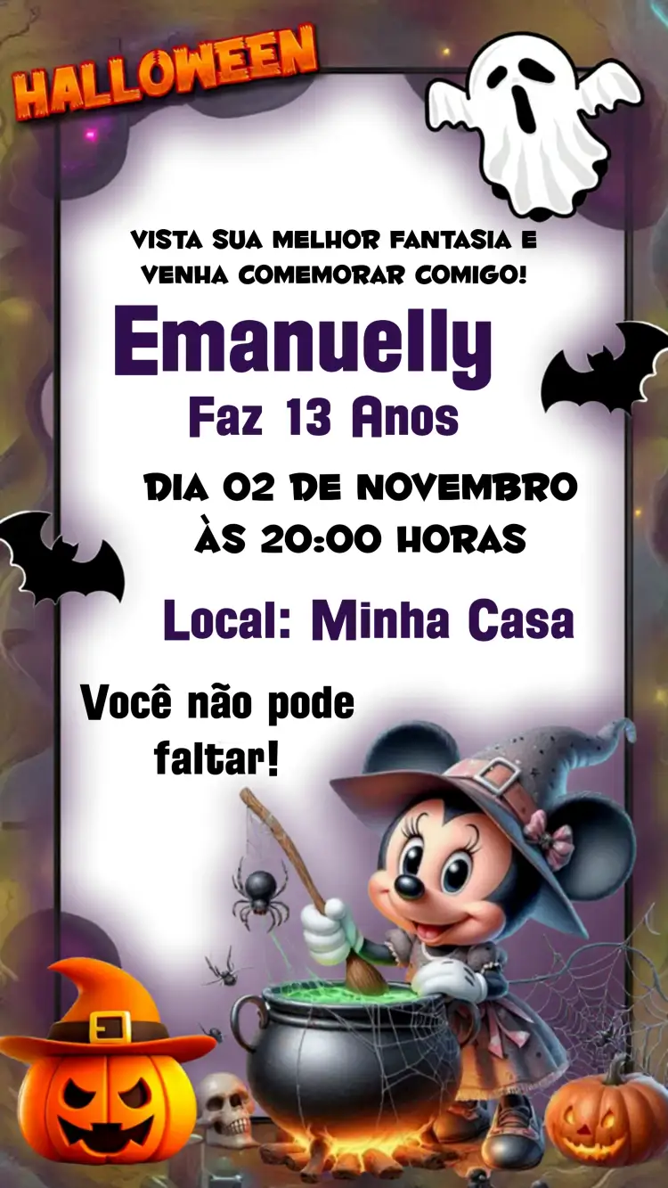 Convite Minnie Mouse Halloween Dia – tema Datas Comemorativas cores vibrantes, estilo lúdico, elementos gráficos da Disney, temática de Halloween, design colorido, inspirado na Minnie Mouse
