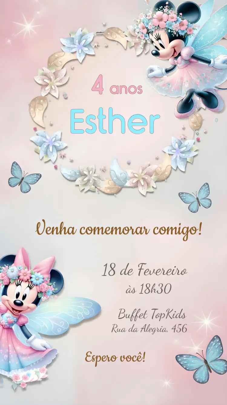 Convite Minnie Mouse Jardim Das Fadas Castel – tema Datas Comemorativas colorido, fantástico, infantil, lúdico, mágico, natureza