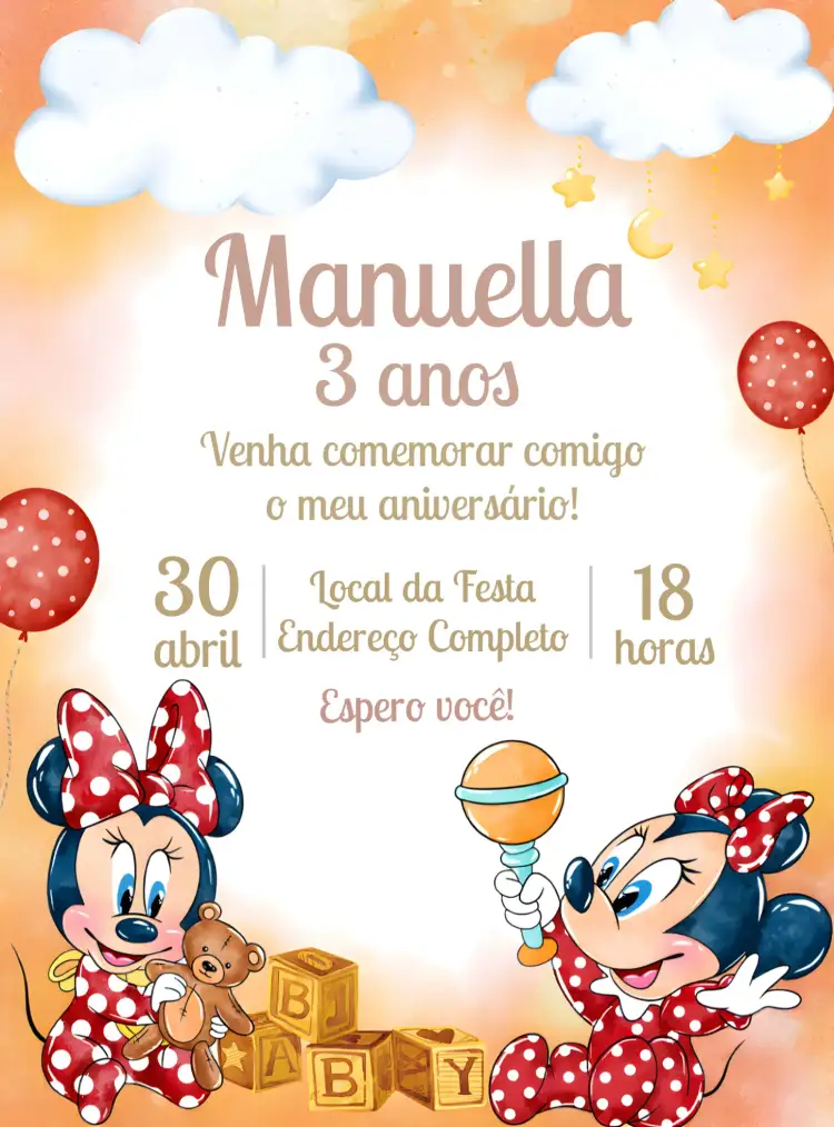 Convite Minnie Mouse Laço – tema Mais pesquisados vermelho, aquarela, infantil, divertido, temático, colorido
