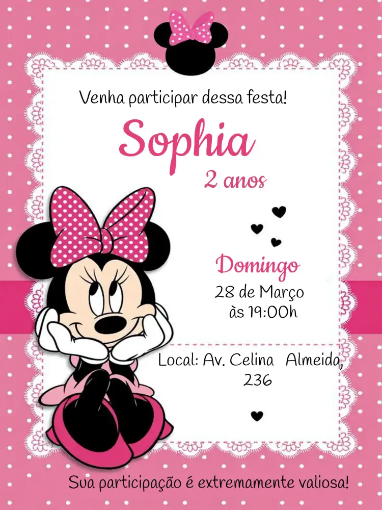 Convite Minnie Mouse Menina – tema Mais pesquisados rosa, divertido, temático, infantil, colorido