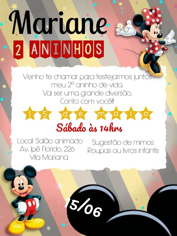 Convite Minnie Mouse Miny – tema Datas Comemorativas colorido, infantil, Disney, vermelho e amarelo, estilo cartoon, animais da floresta