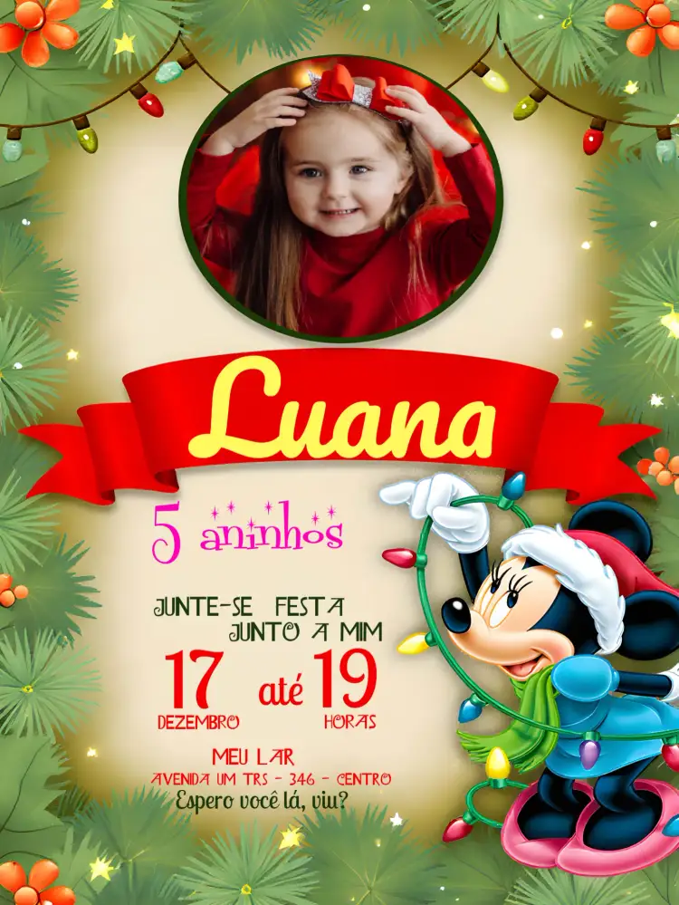 Convite Minnie Mouse Natal Com Foto Garota – tema Datas Comemorativas colorido, festivo, temática infantil, divertido, Natal, Minnie Mouse