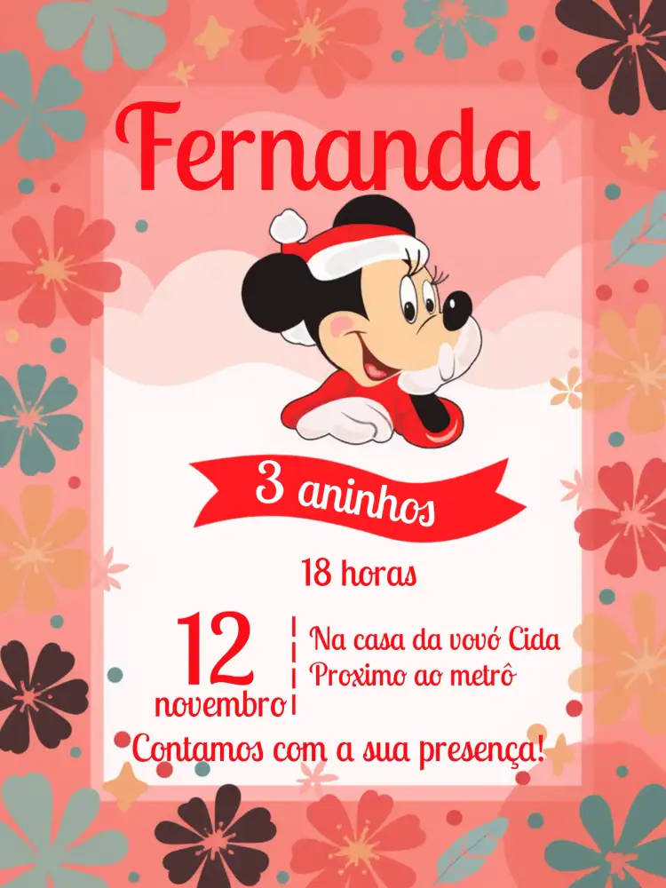 Convite Minnie Mouse Natal Preto – tema Datas Comemorativas preto e vermelho, temática Disney, estilo lúdico, festivo, divertido, infantil