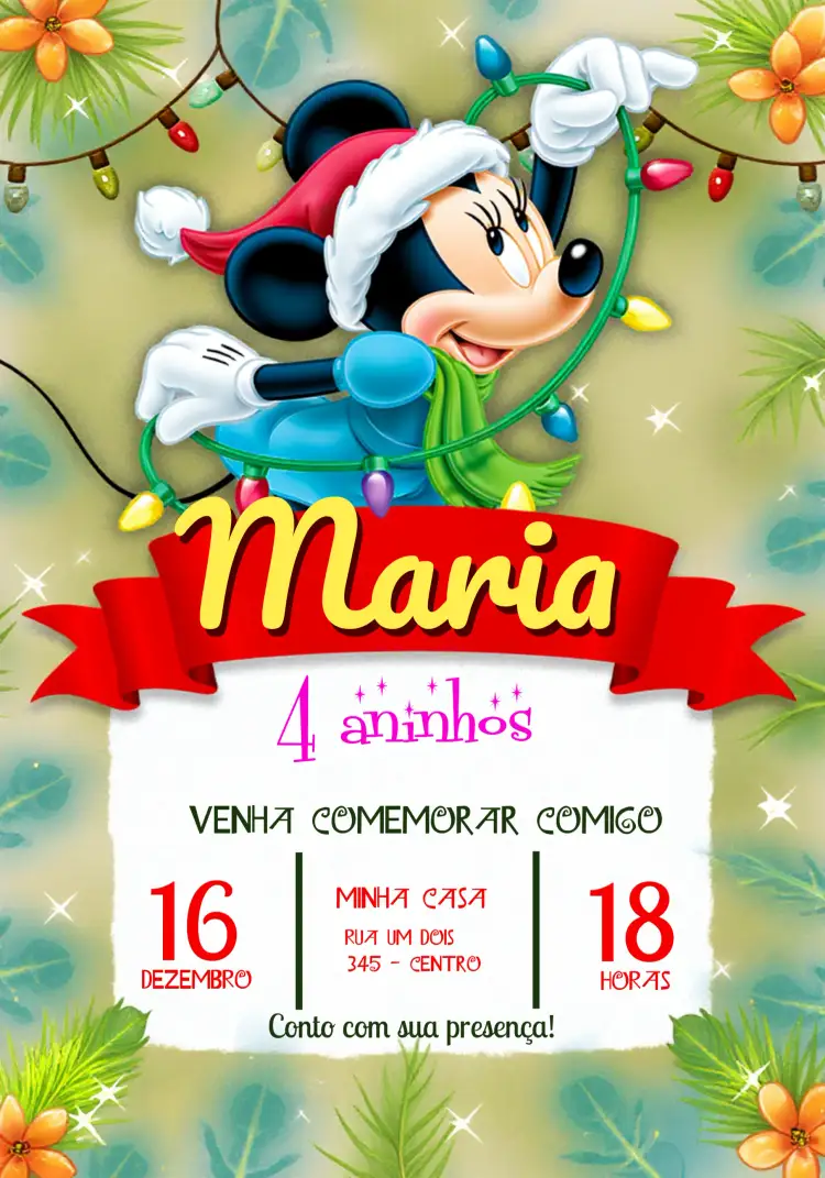 Convite Minnie Mouse Natal Verde – tema Datas Comemorativas natalino, colorido, infantil, temático, divertido, festivo