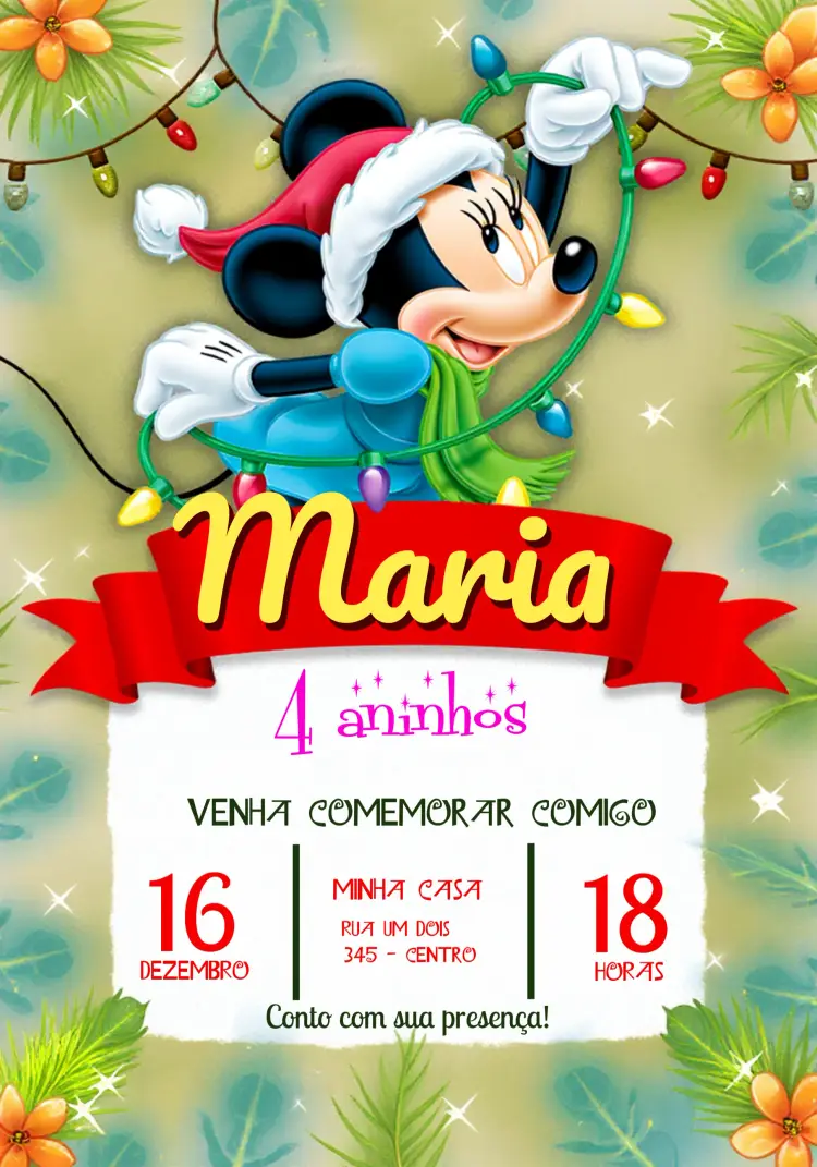 Convite Minnie Mouse Natal Verde