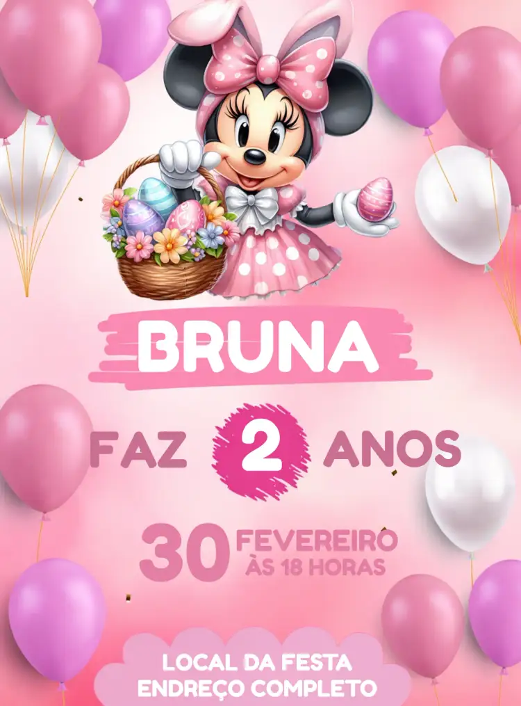 Convite Minnie Mouse Páscoa Rosa – tema Datas Comemorativas colorido, infantil, divertido, feminino, festivo, alegre