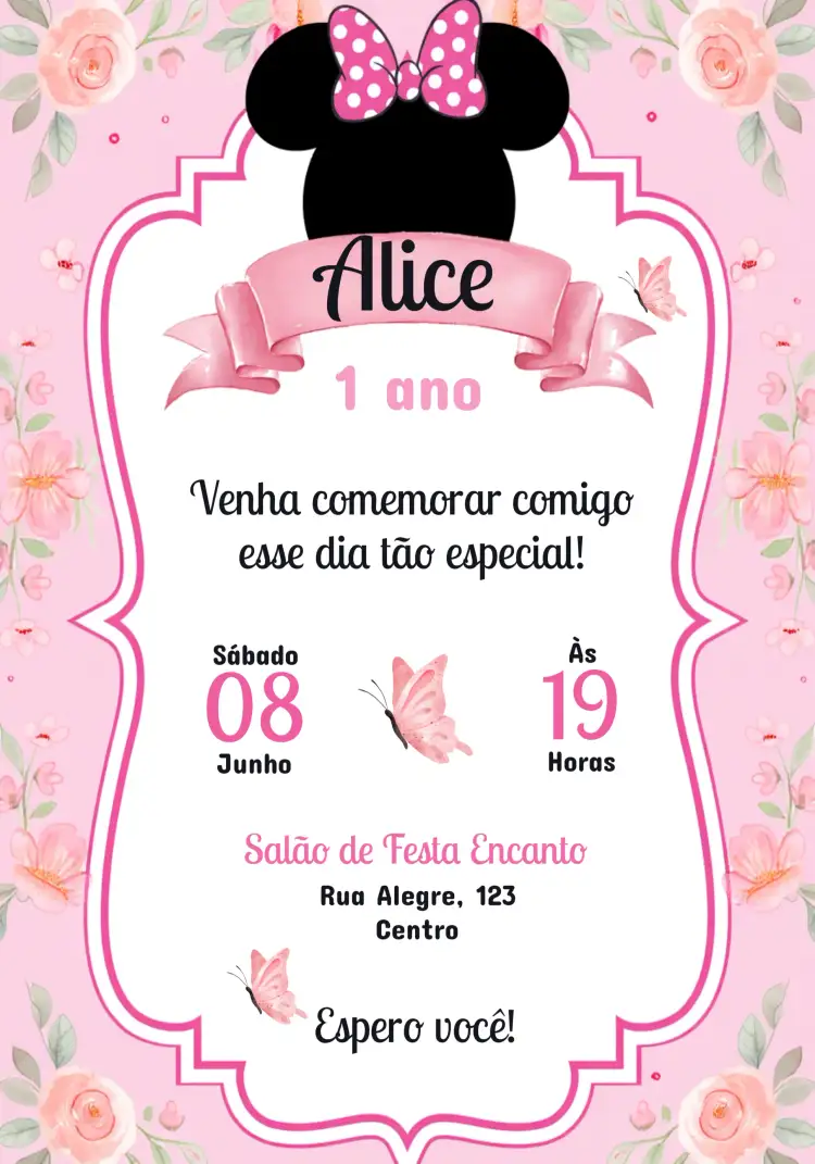 Convite Minnie Mouse Preto – tema Mais pesquisados floral, moderno, temático, colorido, charmoso, divertido