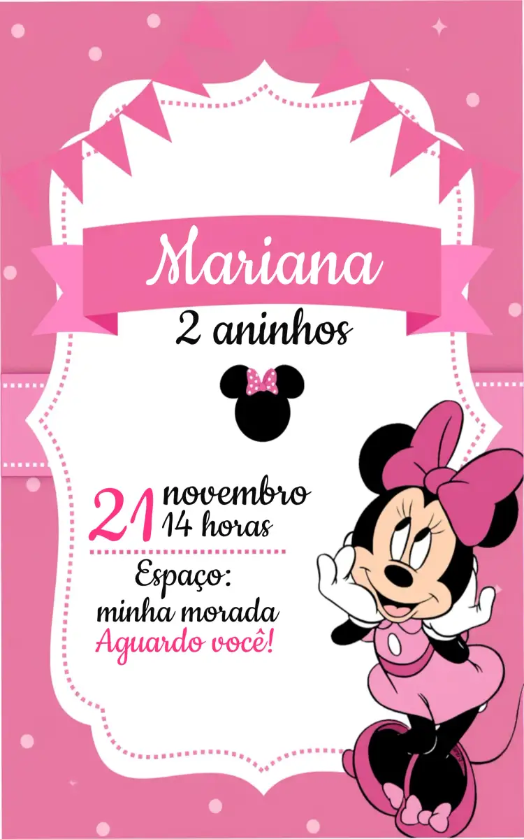 Convite Minnie Mouse Rosa – tema Mais pesquisados rosa, divertido, infantil, temático, colorido
