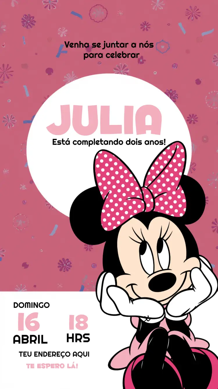 Convite Minnie Mouse Rosa – tema Mais pesquisados rosa, fofo, temático, colorido, divertido