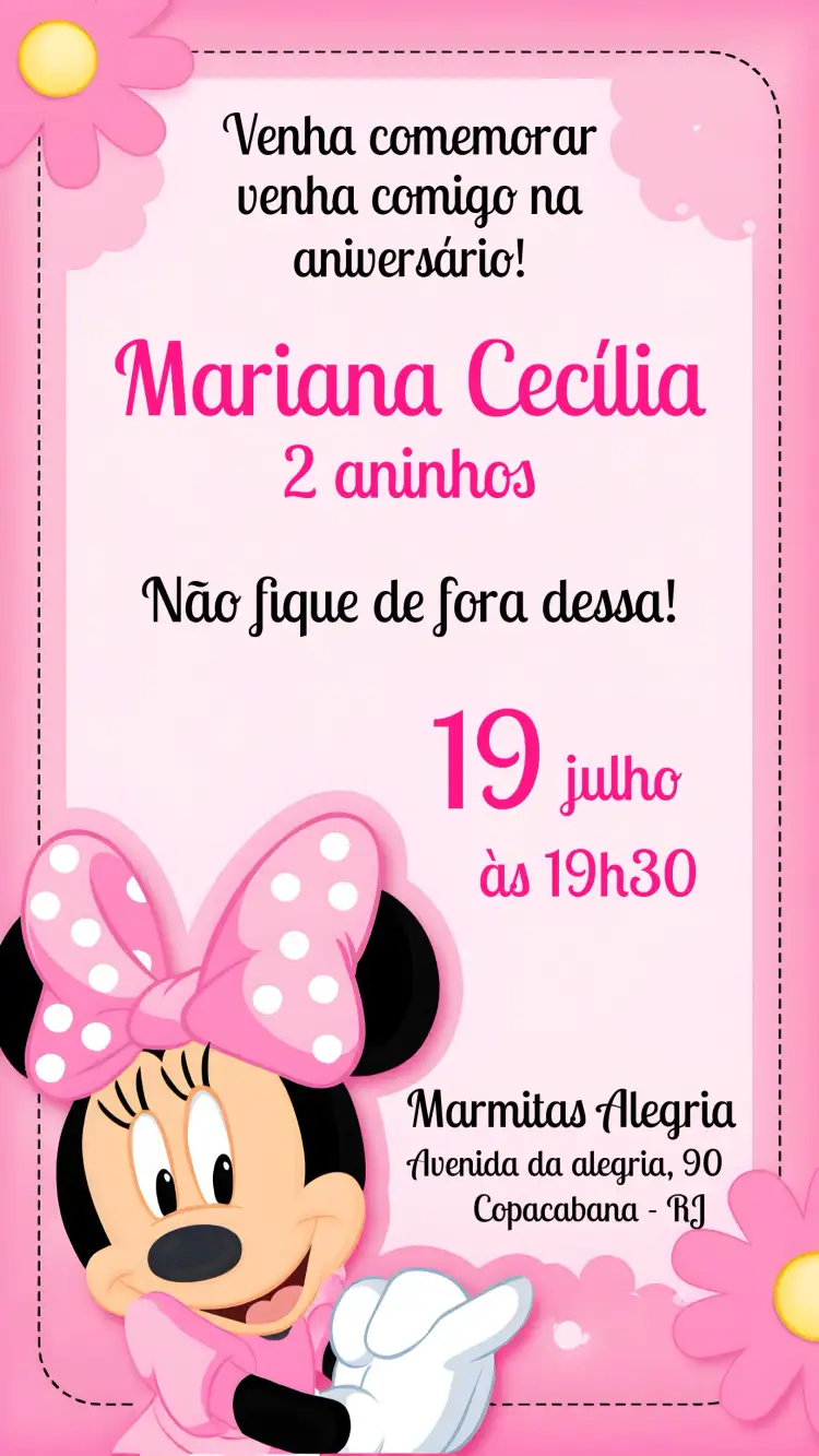 Convite Minnie Mouse Rosa – tema Mais pesquisados cores pastel, estilo infantil, elementos gráficos divertidos, design moderno, tema Minnie Mouse, toques delicados