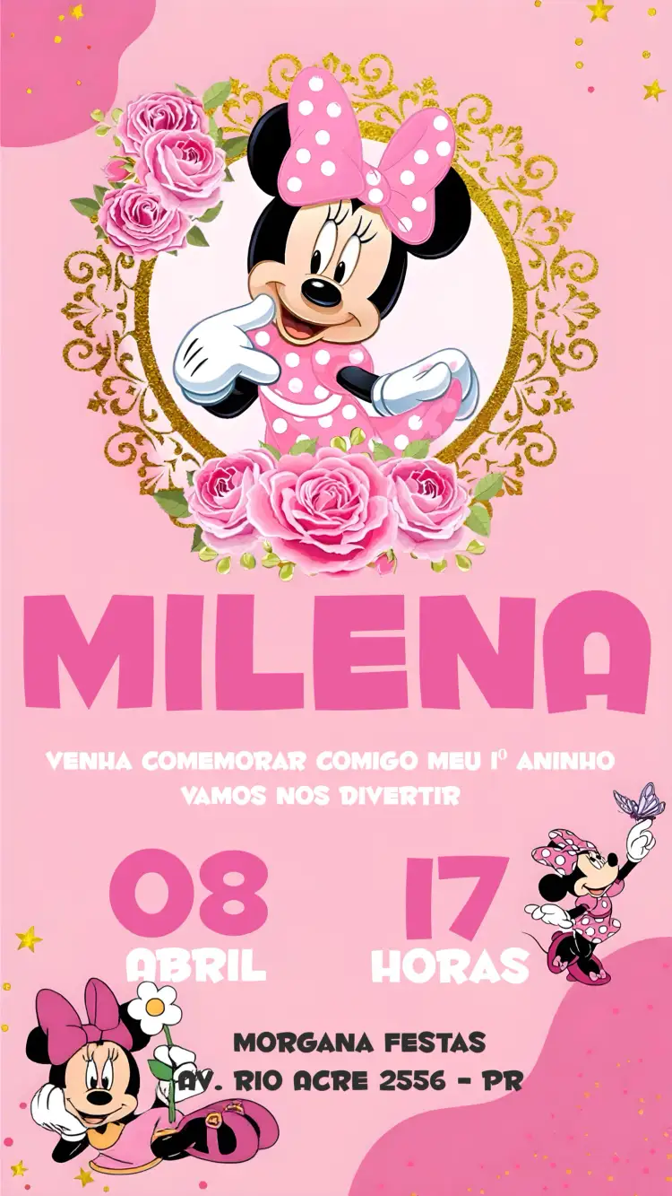 Convite Minnie Mouse Rosa Disney – tema Mais pesquisados rosa, divertido, lúdico, Disney, infantil, colorido