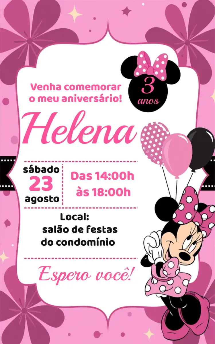 Convite Minnie Mouse Rosa Disney – tema Mais pesquisados rosa, divertido, Disney, infantil, lúdico