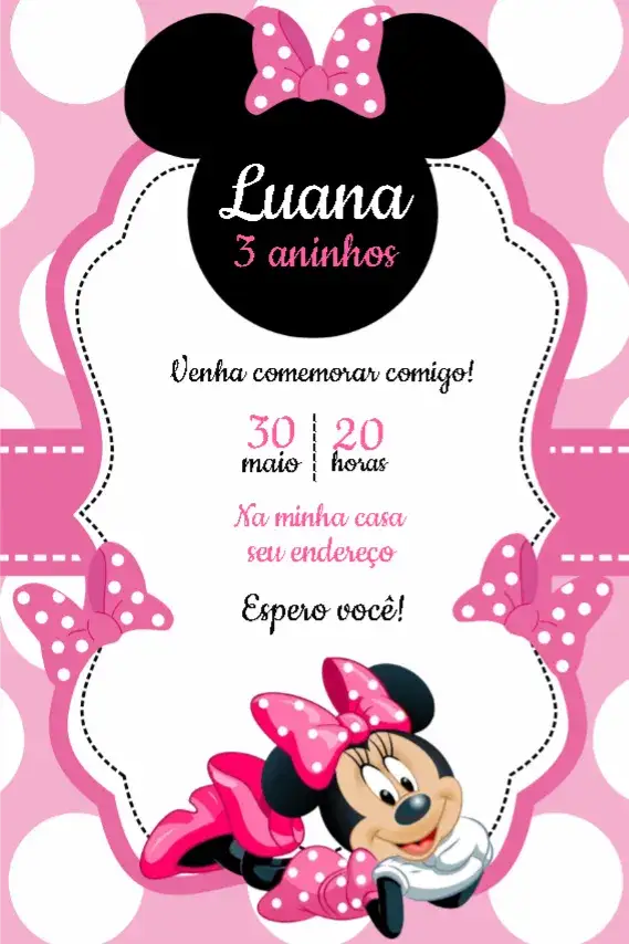 Convite Minnie Mouse Rosa Disney – tema Mais pesquisados rosa, divertido, infantil, temática Disney, colorido
