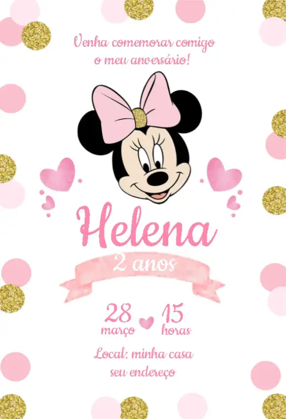 Convite Minnie Mouse Rosa e Dourado – tema Aniversário Infantil rosa, dourado, lúdico, infantil, temático, divertido