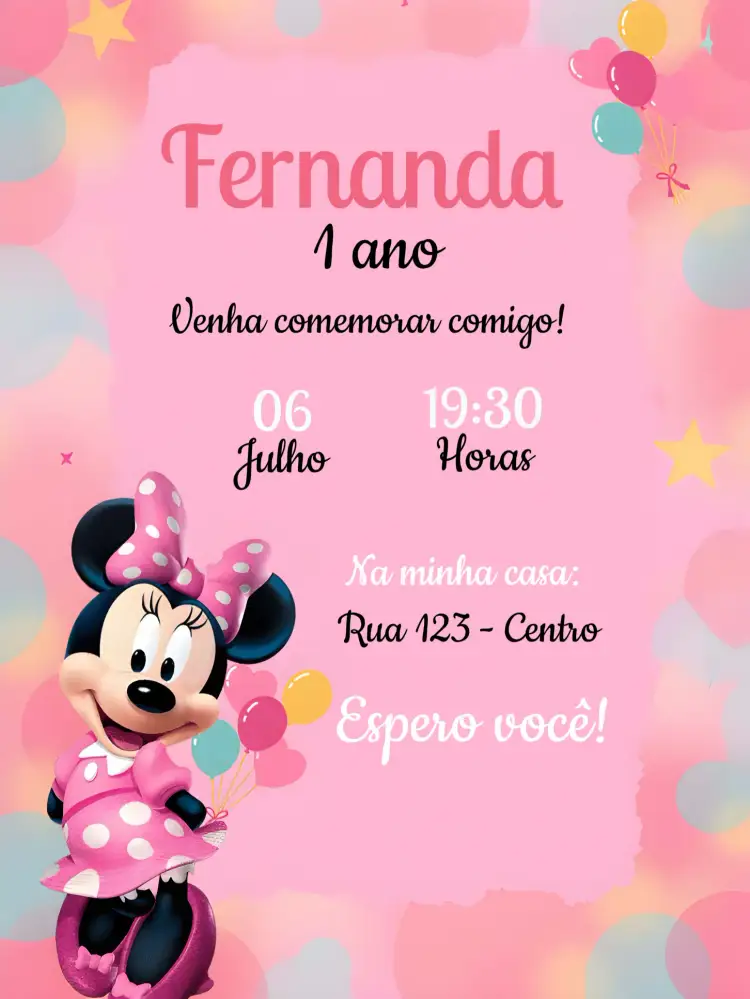 Convite Minnie Mouse Rosa Vermelha – tema Datas Comemorativas vermelho, preto, poá, divertido, infantil, mágico