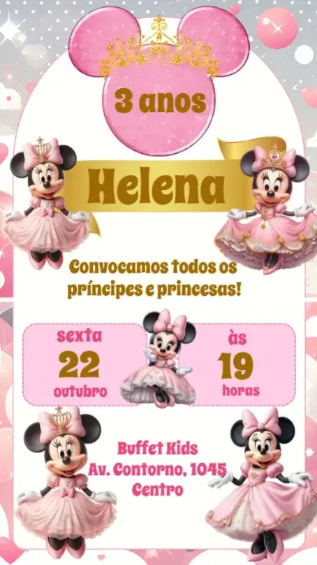 Convite Minnie Realeza – tema Aniversário Infantil cores pastel, estilo cartoon, elementos de realeza, design divertido, inspirado na Disney, toque mágico