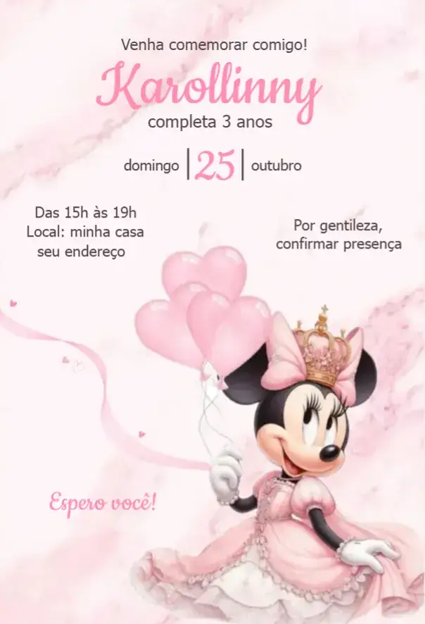 Convite Minnie Realeza – tema Aniversário rosa, aquarela, realeza, princesa, divertido, infantil