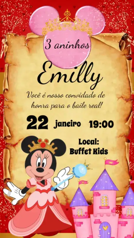 Convite Minnie Realeza – tema Aniversário Infantil colorido, divertido, temático, mágico, Disney, alegre